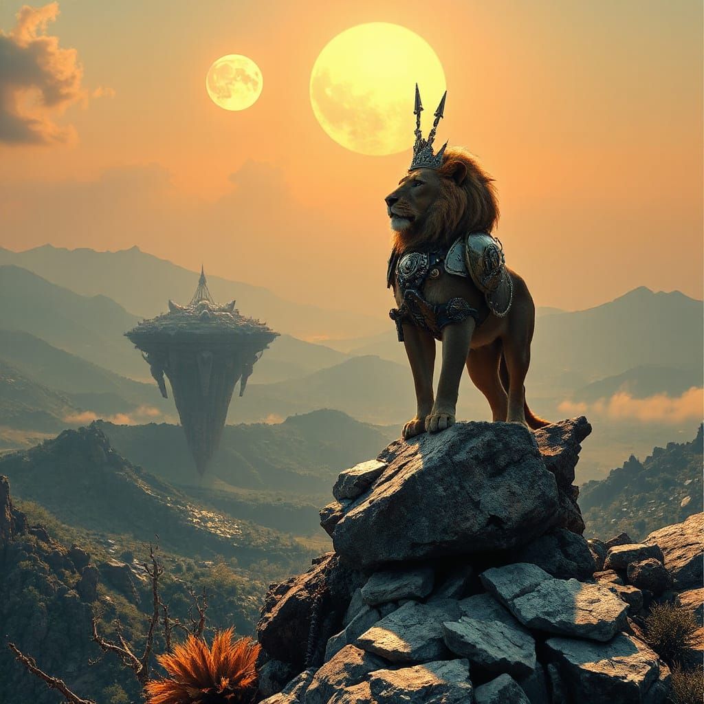 Steampunk Lion Overlooking Alien Landscape