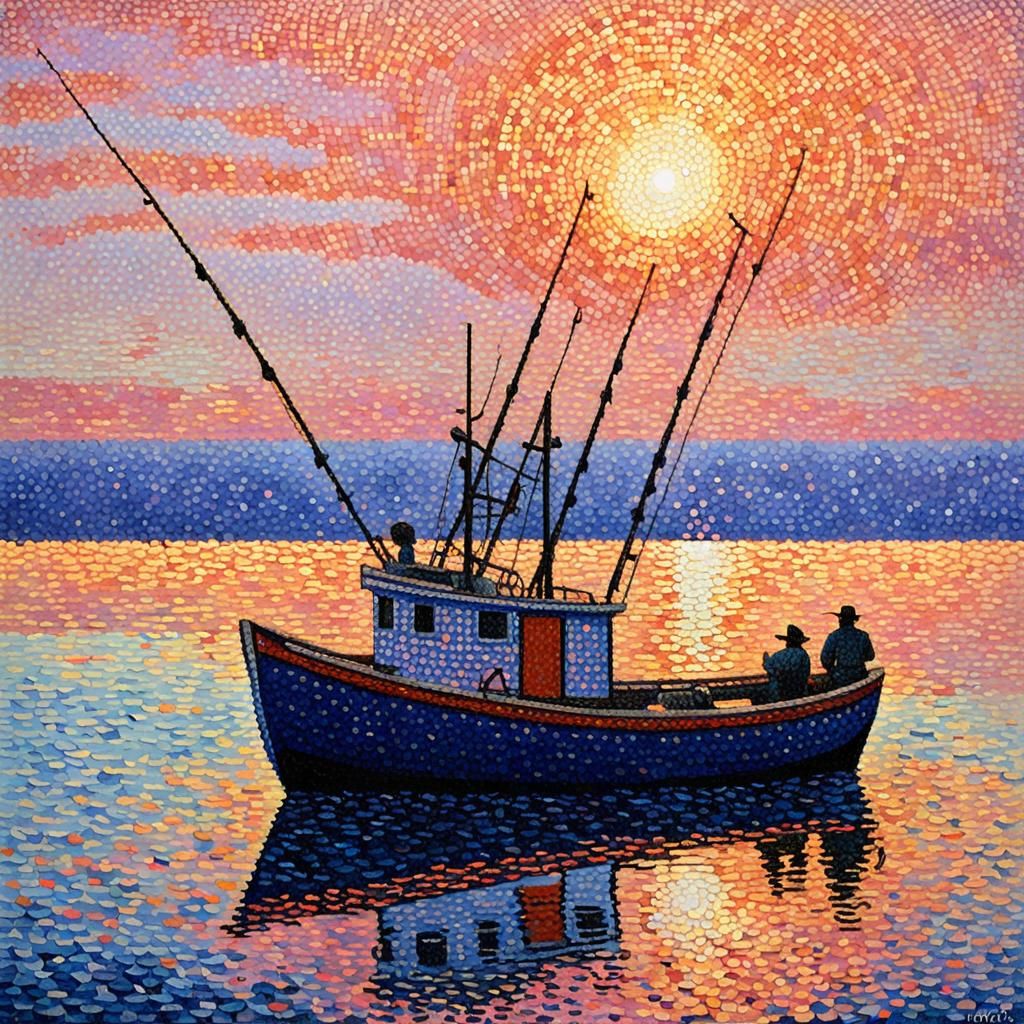 Seaside Fishing Boat at Sunset in Pointillism