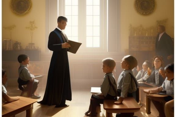 Ancient Teacher in Classroom, Photorealistic 3D Render