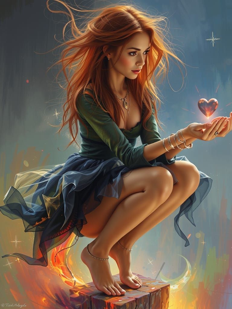 Red-Haired Woman Channeling Power, Dark Fantasy Art