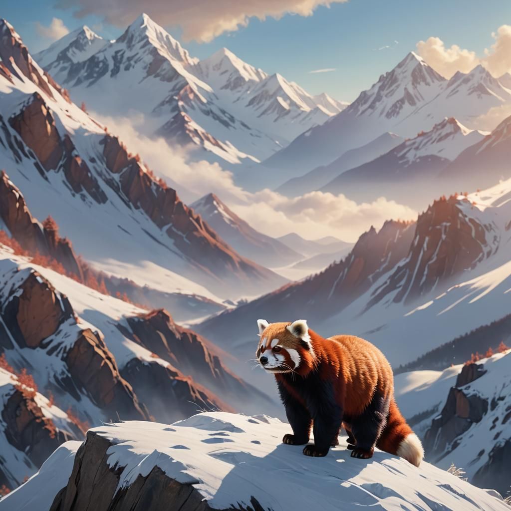 Red Panda Lion Hybrid on Snowy Mountain