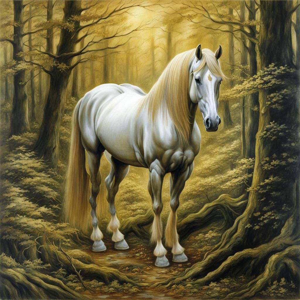 Golden Horse in Forest, Hyperreal Art