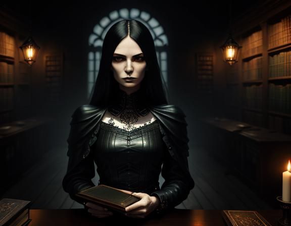 Gothic Woman in Library, Digital Art