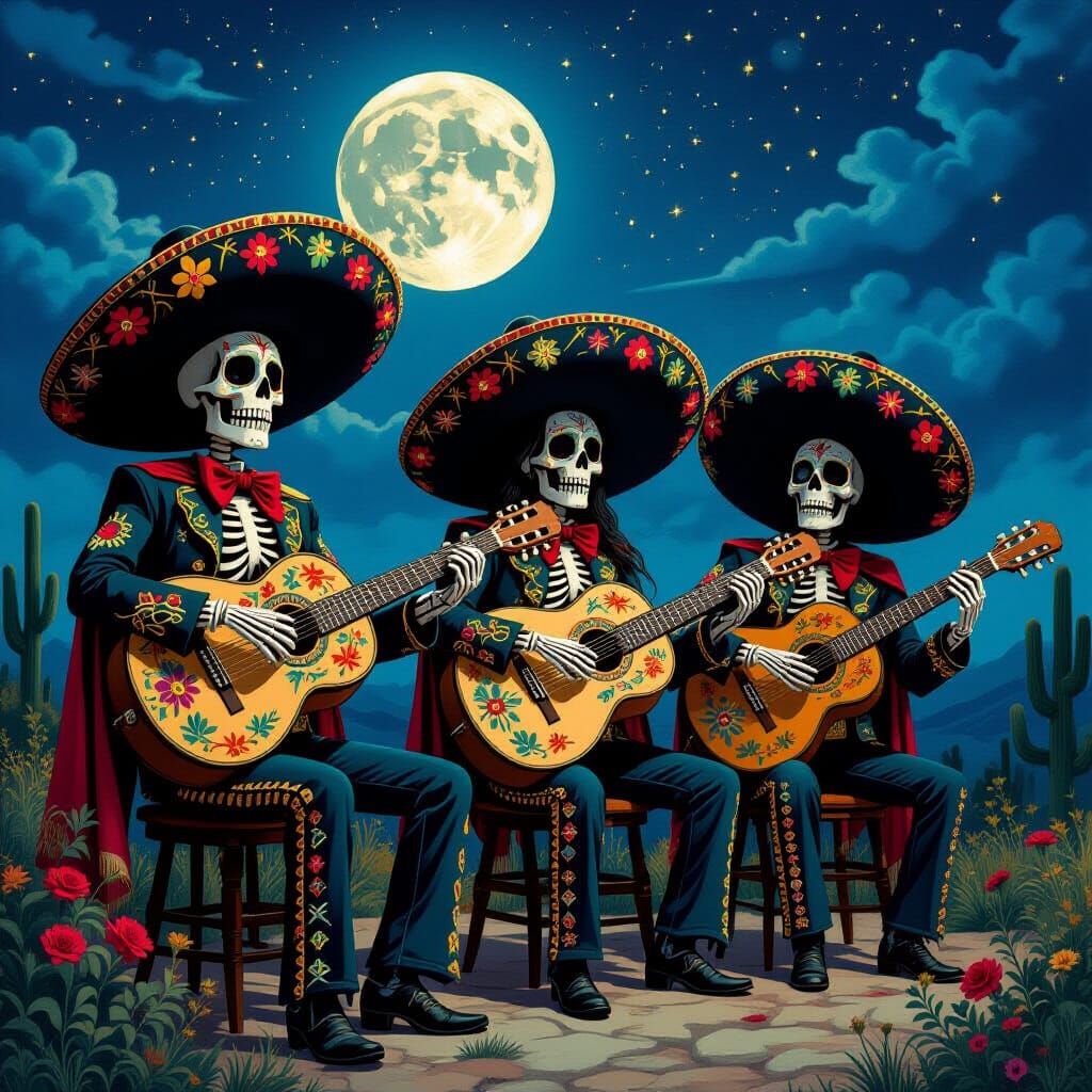 Skeletal Mariachi Band Serenades Moon in Gothic Festive Styl...