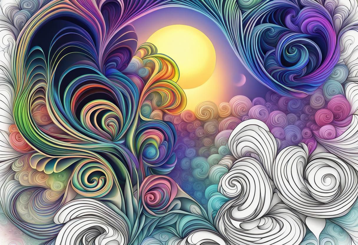 Rainbow Rose in Night Garden with Fractal Elements
