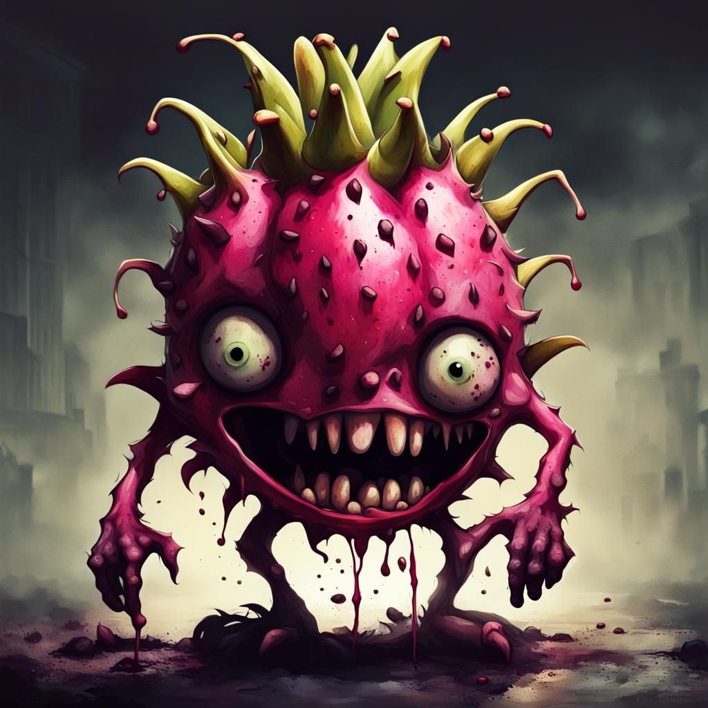 Creepy Zombie Dragonfruit Character in Dark Street