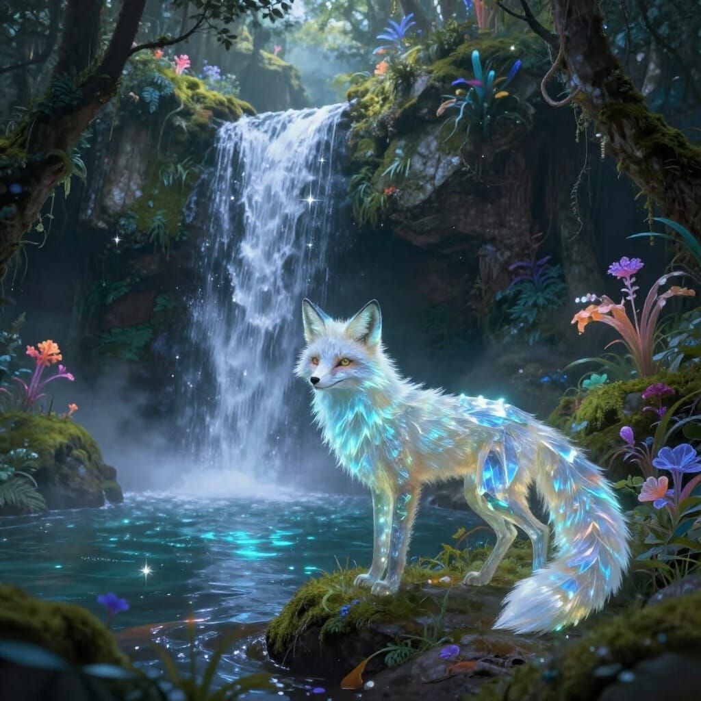 Bioluminescent Crystal Fox at Starlight Waterfall