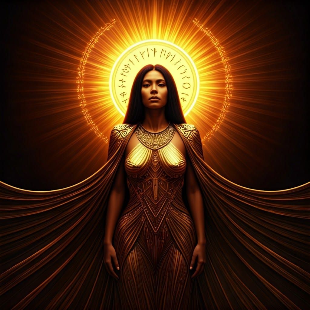 A liquid metal gold dress on an indigenous womean. Extraordi...