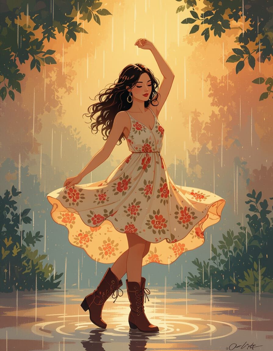 Woman Dancing in Summer Rain, Surreal Art