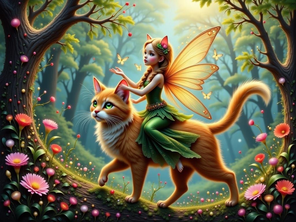 Whimsical Fairy on a Feline Companion Amidst Enchanted Garde...