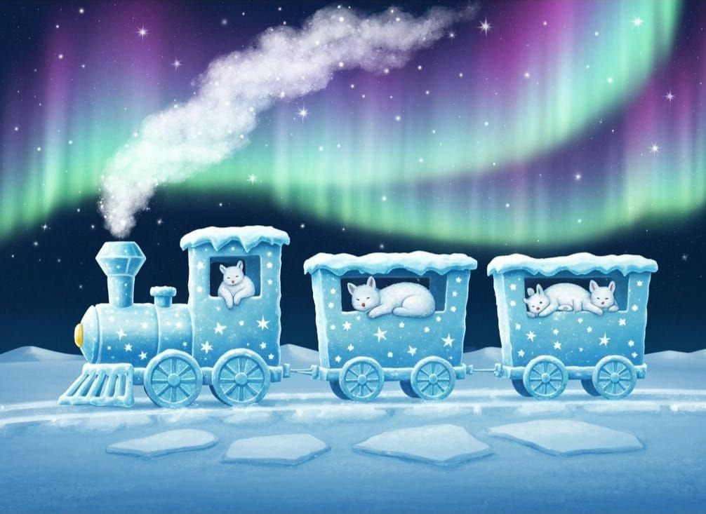 Magical Ice Train in Aurora Sky