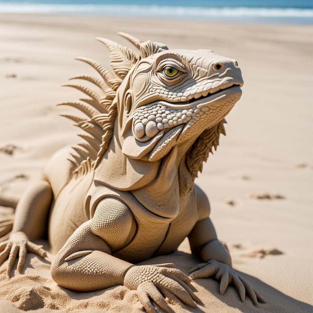 Sand Iguana Sculpture on a Sunny Beach