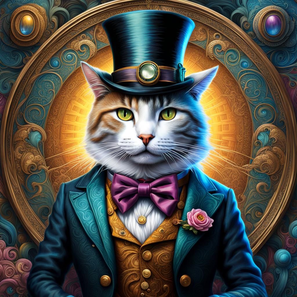 Anthropomorphic Cat in Top Hat, Detailed Digital Art
