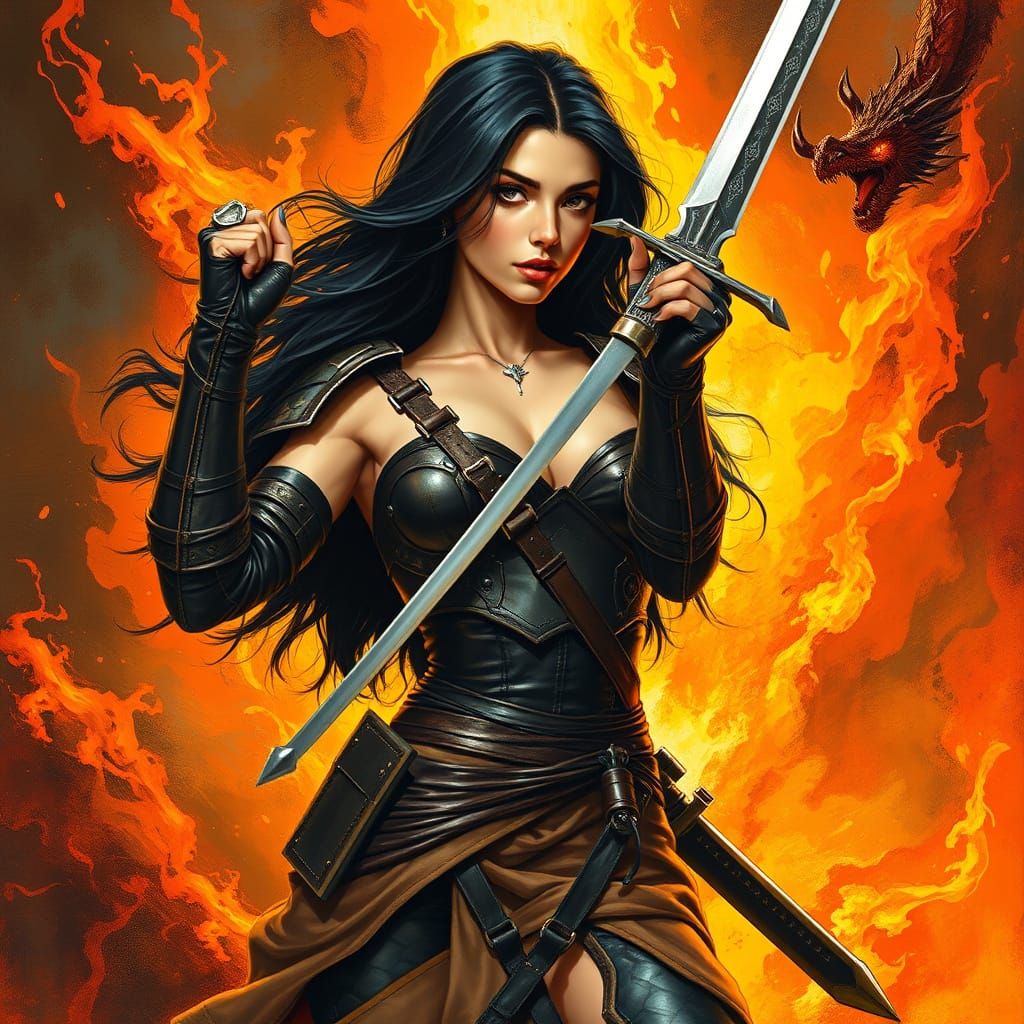 Sensuous Warrior in Dragonfire Inferno, Fantasy Art