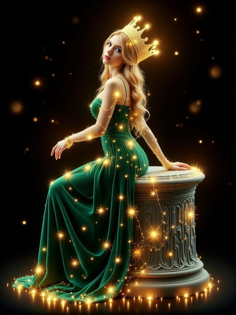 Blonde Queen in Emerald Dress on Pedestal