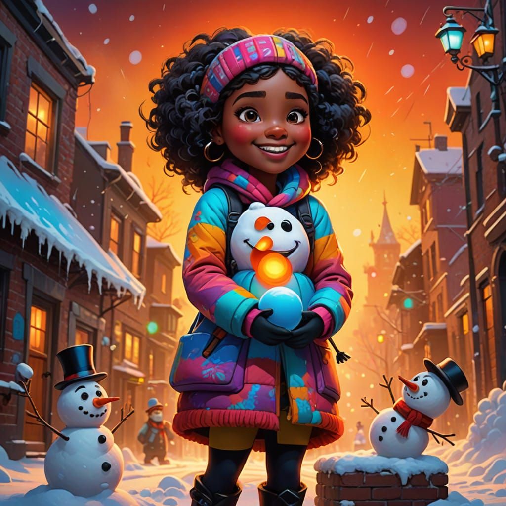 Chubby Black Girl Builds Snowman in Vibrant Southern Wonderl...