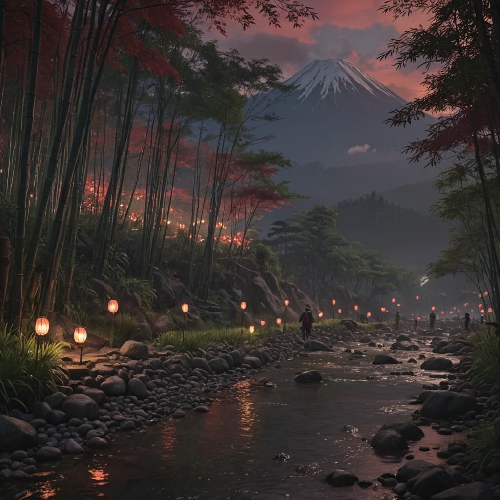 Bamboo Forest and Mt. Fuji at Night