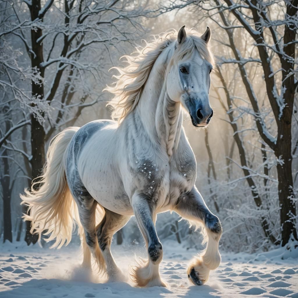 Majestic White Stallion in Snowy Landscape