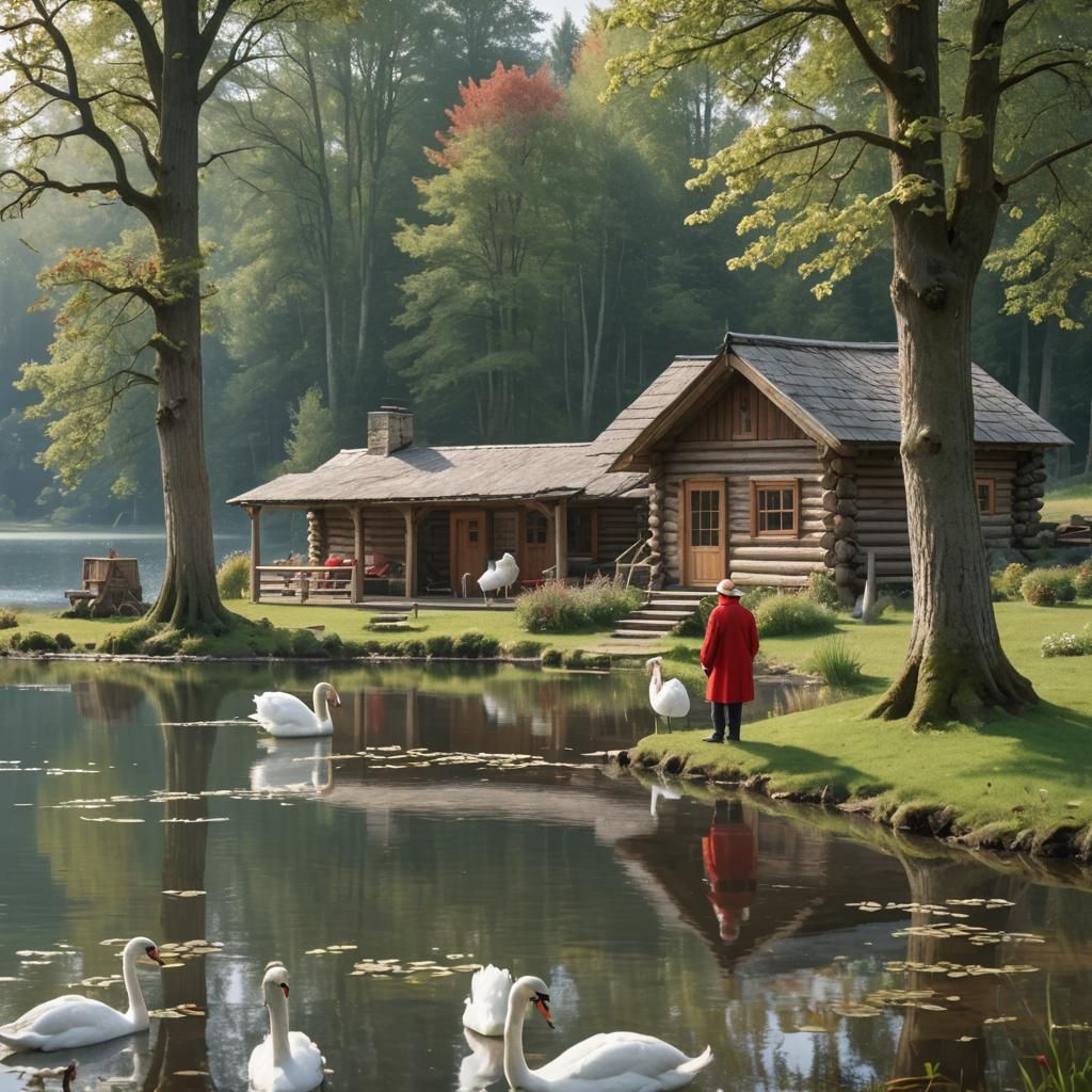Log Cabin by Lake with Swans and Man