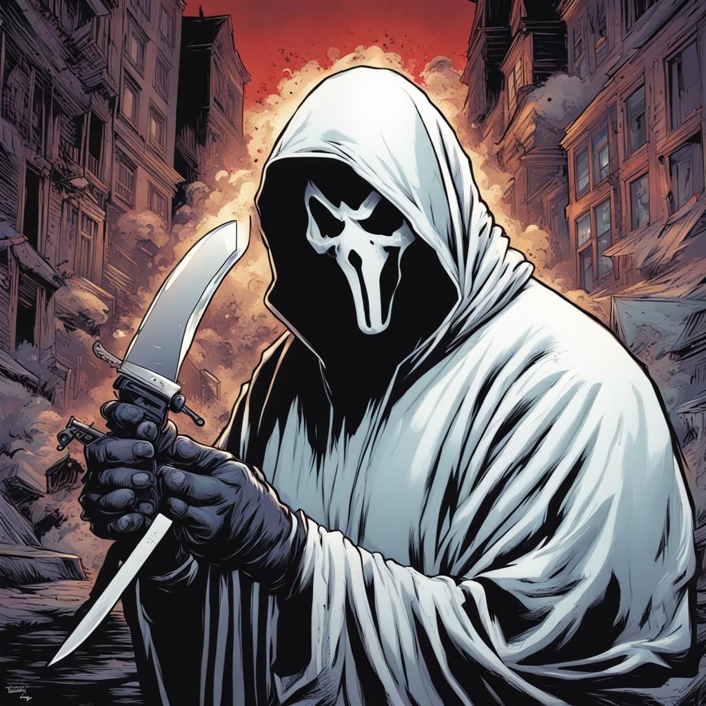 Ghostface with Knife in Comic Book Style