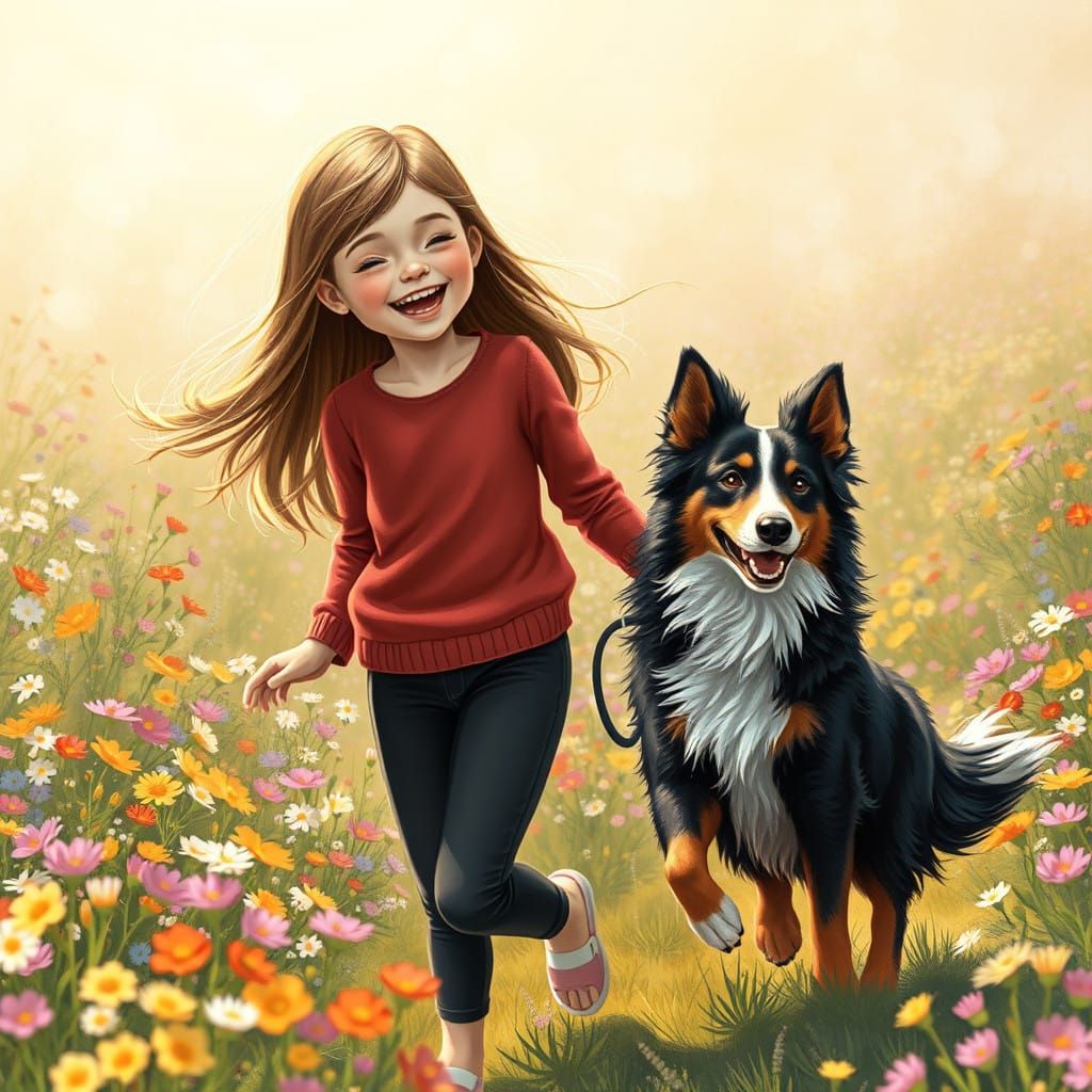 Girl with Brown Hair and Australian Shepherd on a Vibrant Fl...