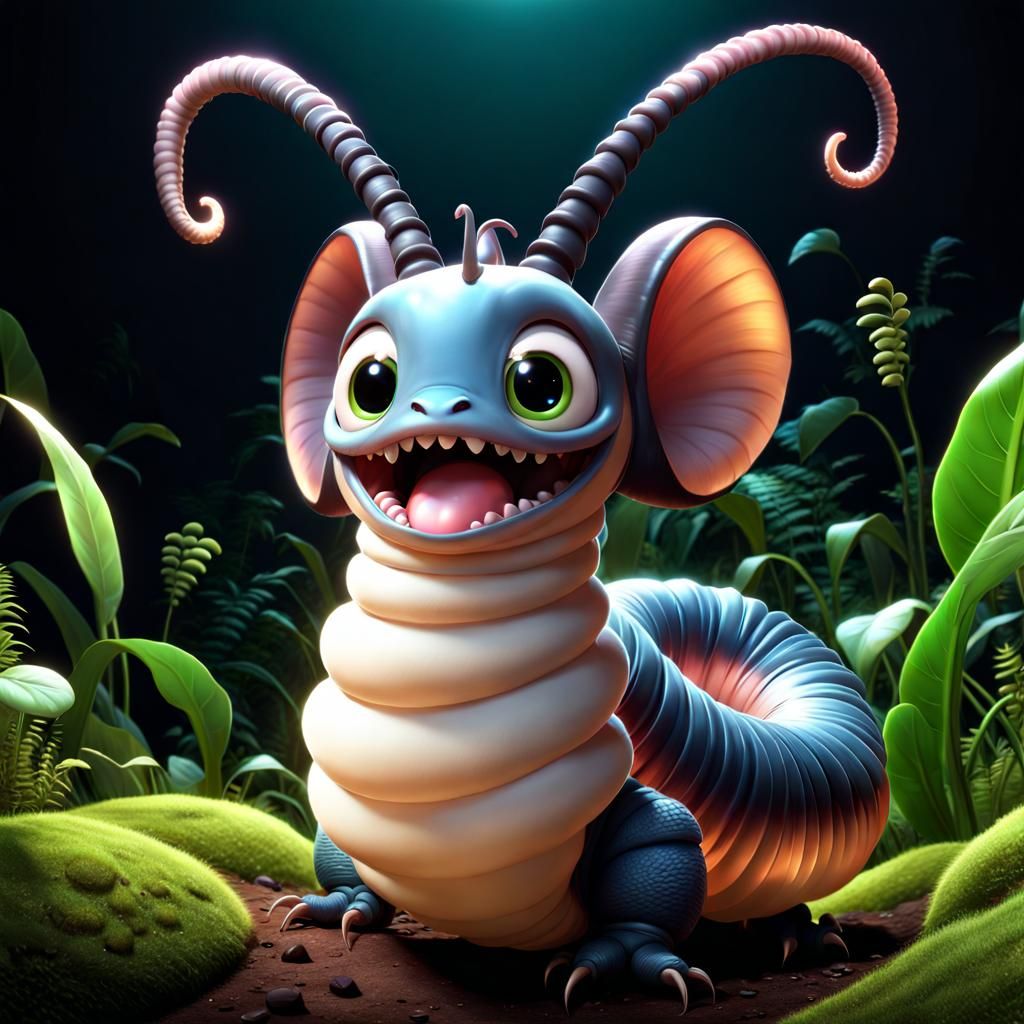 Pixar-Style Chibi Worm with Gigantic Ears