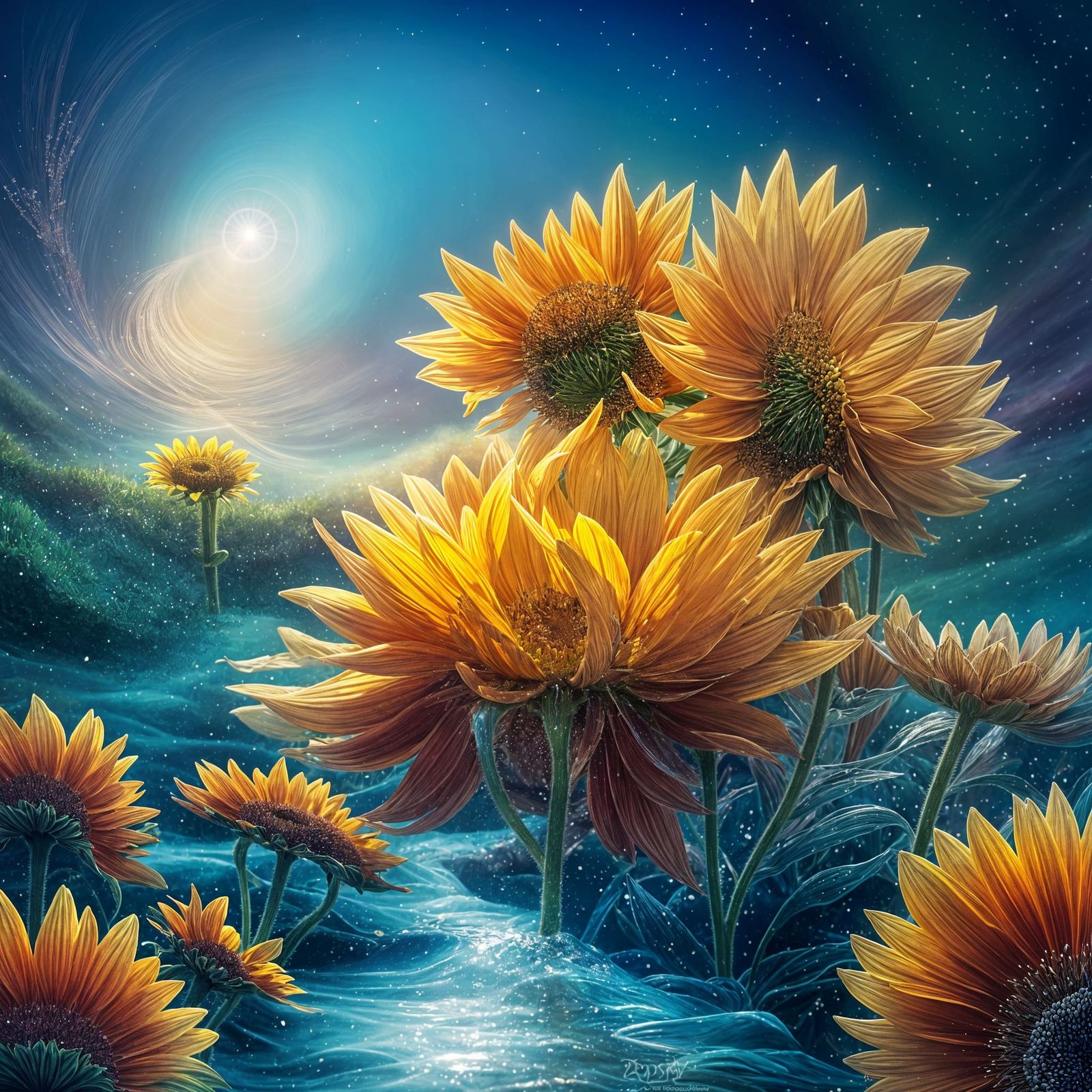 Crystallized Sunflowers in Fantasy Digital Art