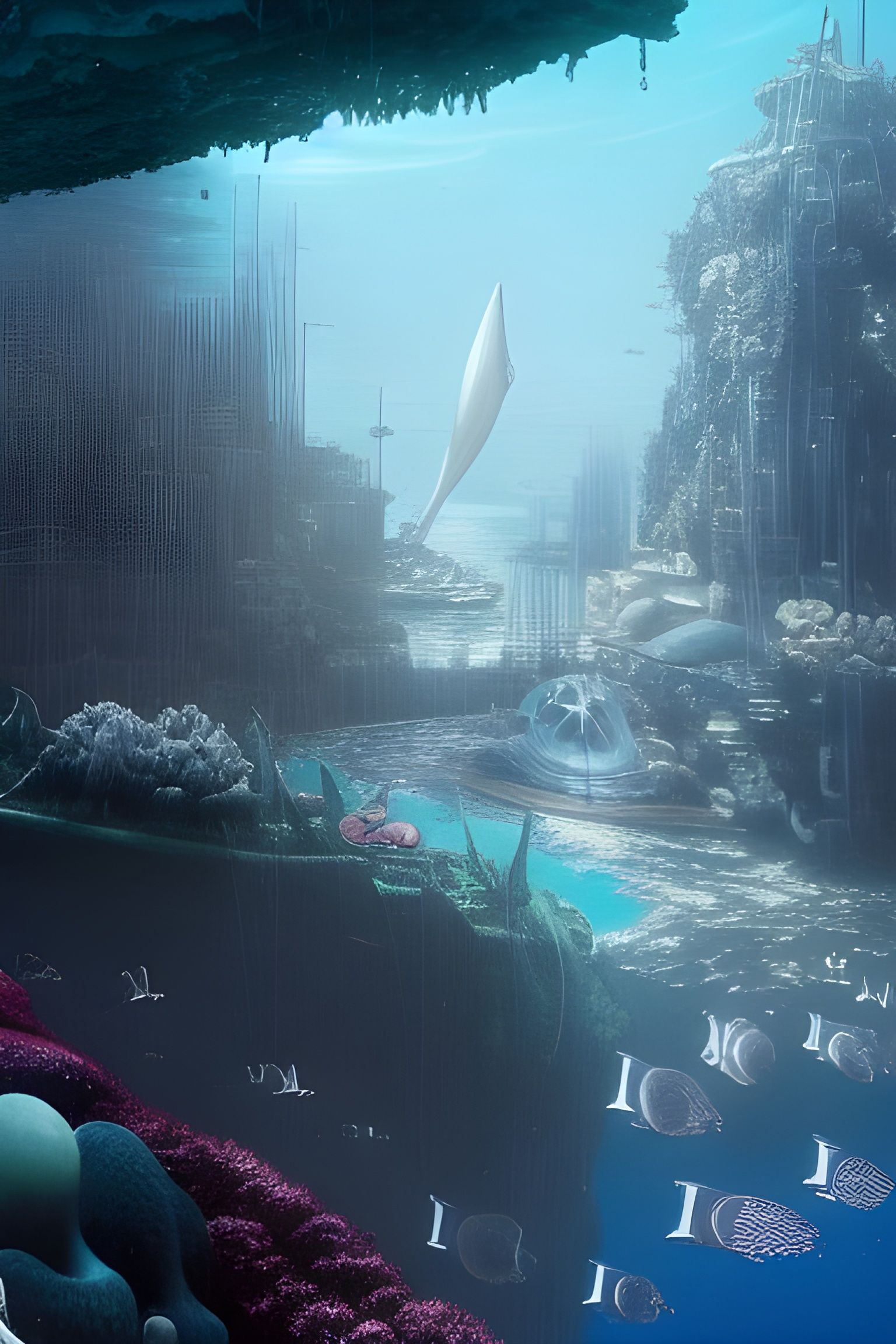 Ominous Underwater Biopunk Cityscape in Hyperrealism