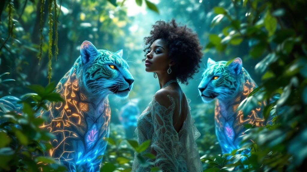 Afrofuturistic Woman in Jungle with Ethereal Jaguars