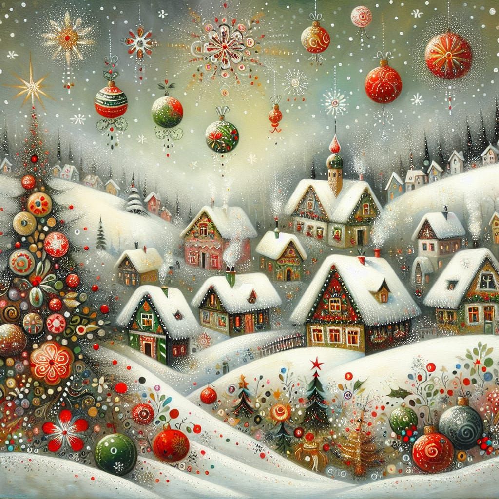 Cosmopolitan Holiday Village Scene in Folk Art Style