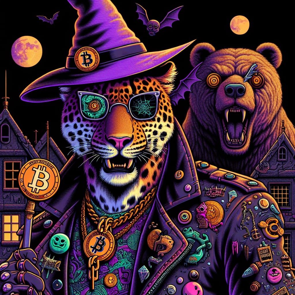 Eerie Leopard in Witch Hat with Patchwork Bear