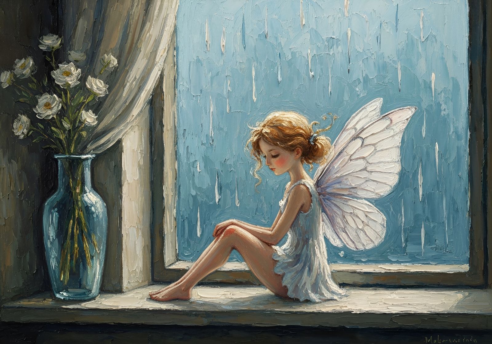 Playful Fairy Watching Rainstorm, Impasto Painting