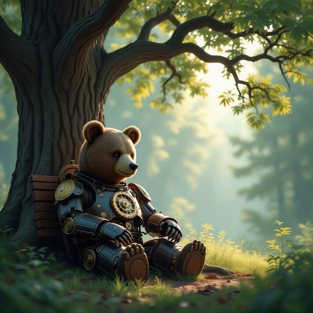 Mechanical Bear in Misty Forest, Brass & Wood Details
