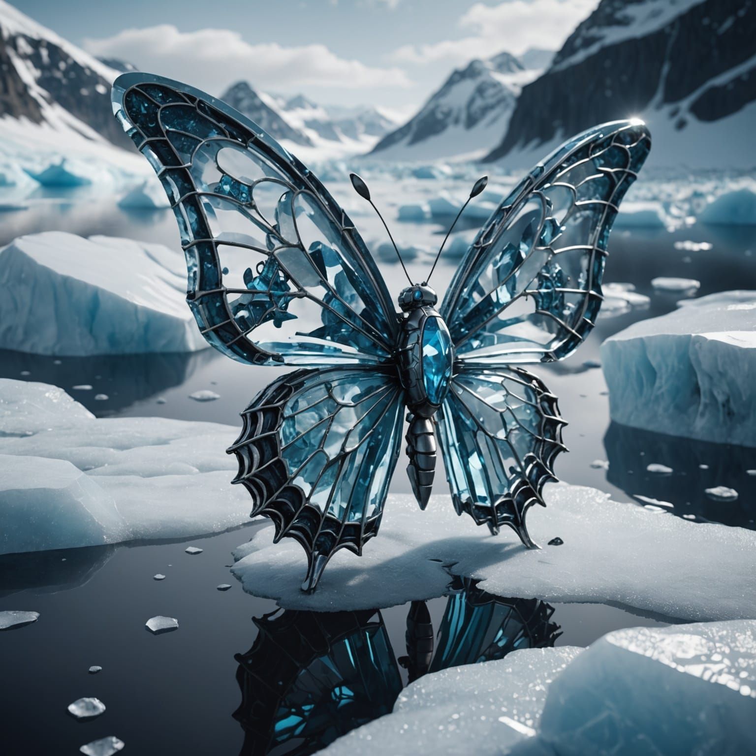 Futuristic Ice Butterfly Rises from Glacier