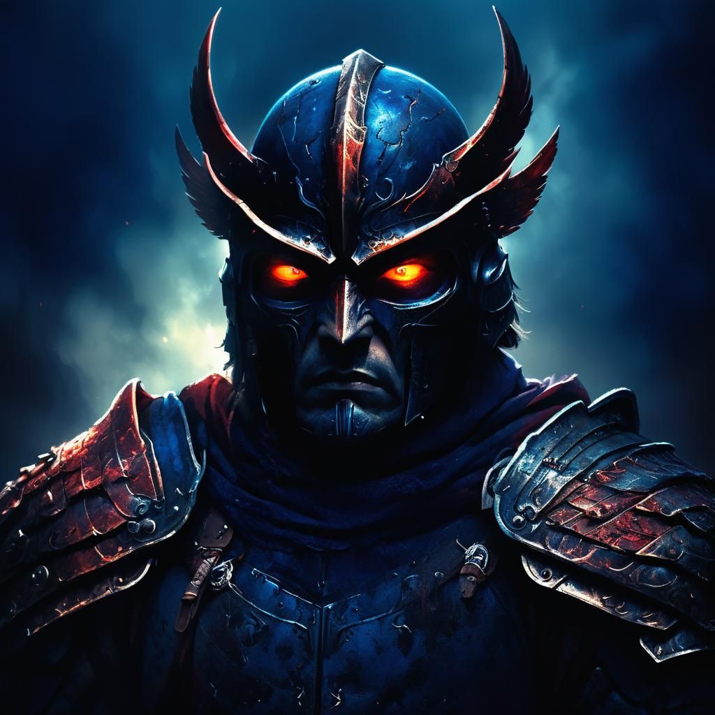 Warrior in Dark, Ominous Landscape, with Glowing Eyes and Su...