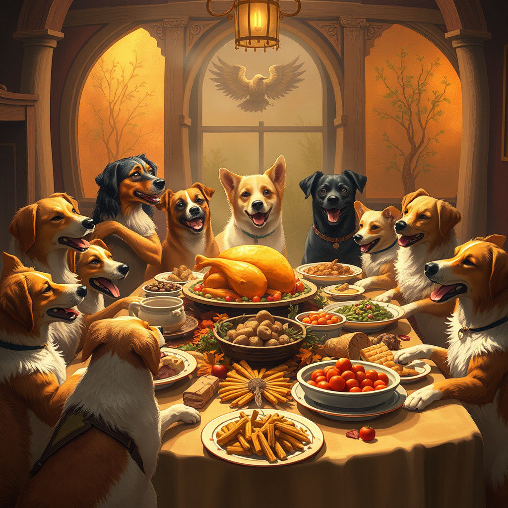 Dogs Celebrate Thanksgiving in Storybook Illustration