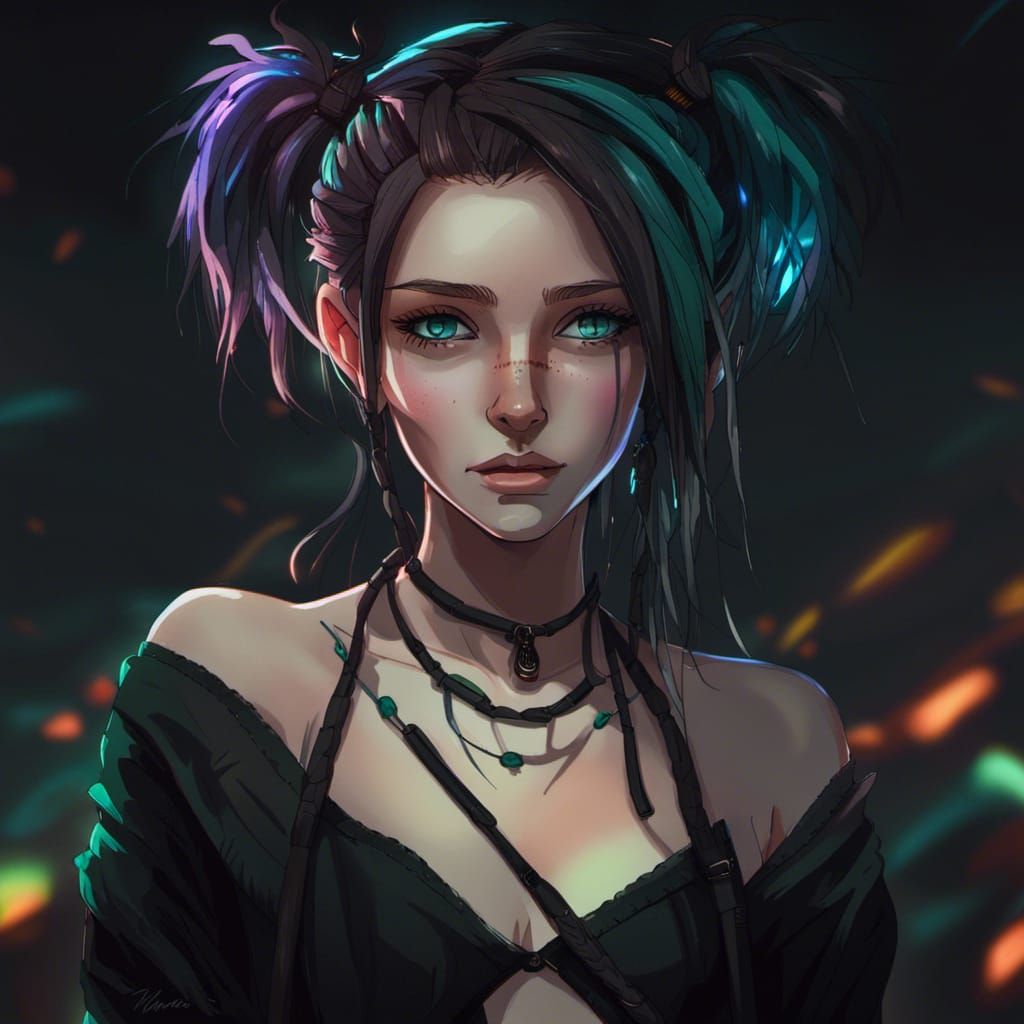 Teen Girl Portrait with Neon Hair, Anime Style