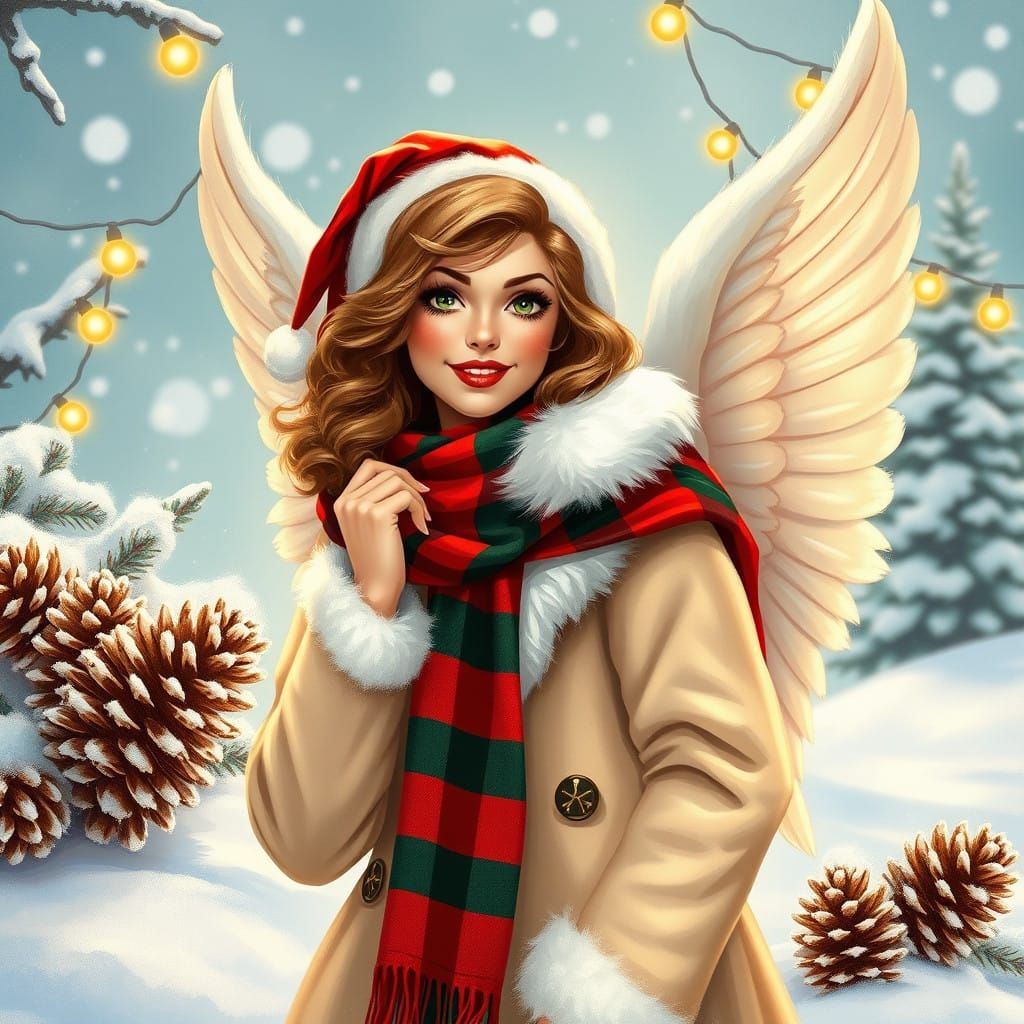 Vintage-Inspired Holiday Pin-Up Angel in Festive Wonderland