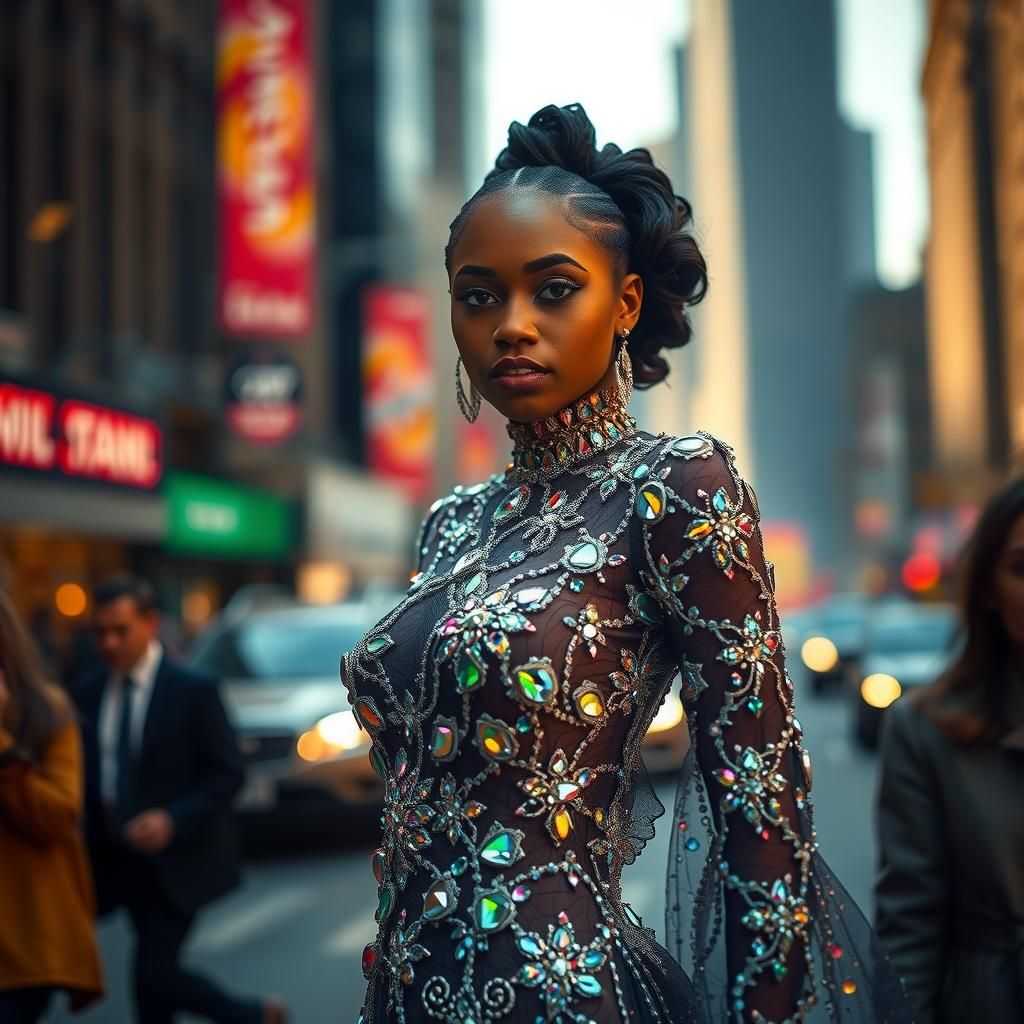 Confident Woman in Crystalline Gown in Cityscape