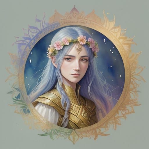 Ethereal Young Wizard with Lotus Flower Wreath in Vibrant Wa...