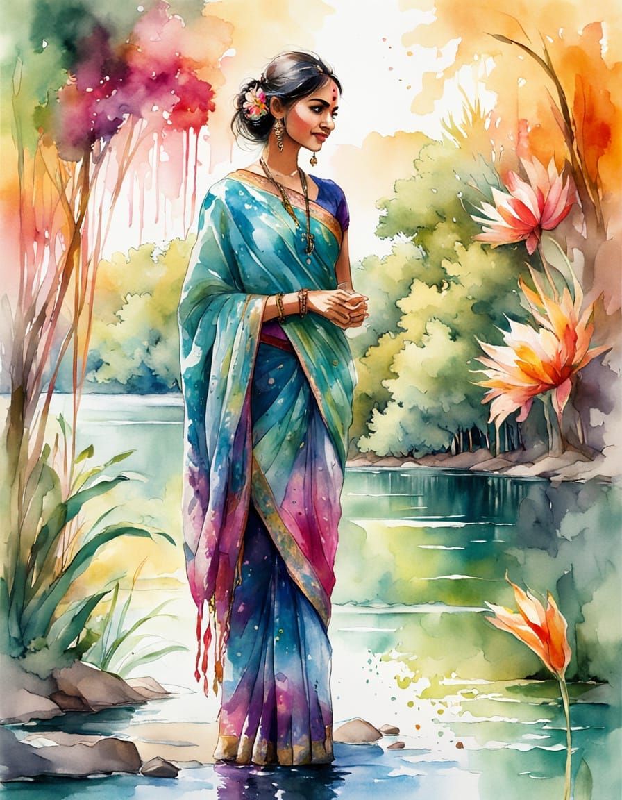 Exotic Indian Woman at Dreamy Lake: Watercolor Illustration