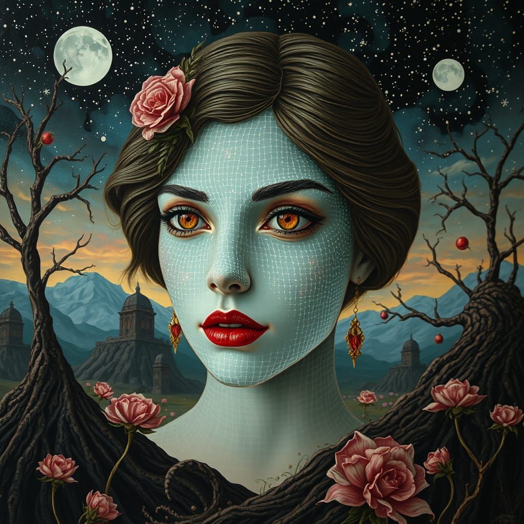 Ethereal Woman with Faberge Face in Eerie Landscape