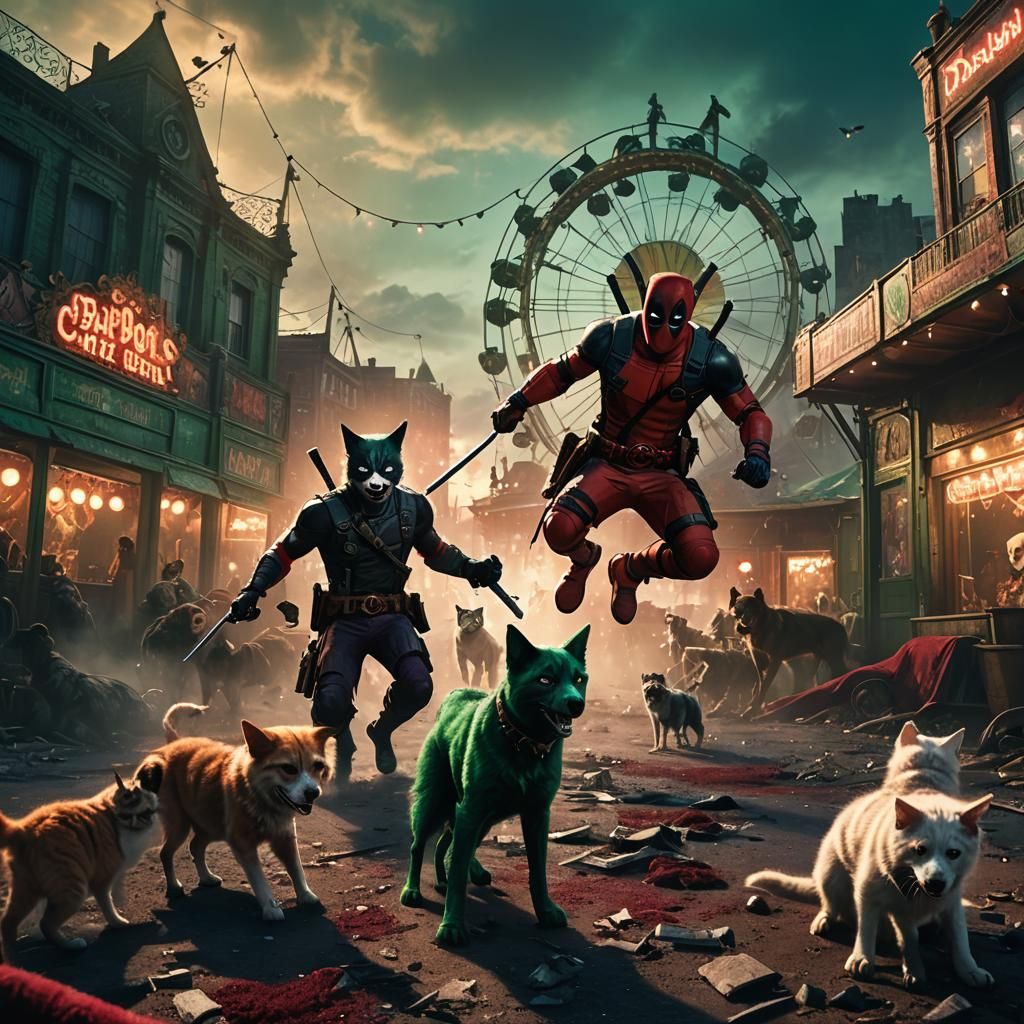 Cat versus Dogs in Gothic Carnival: Fantasy Art