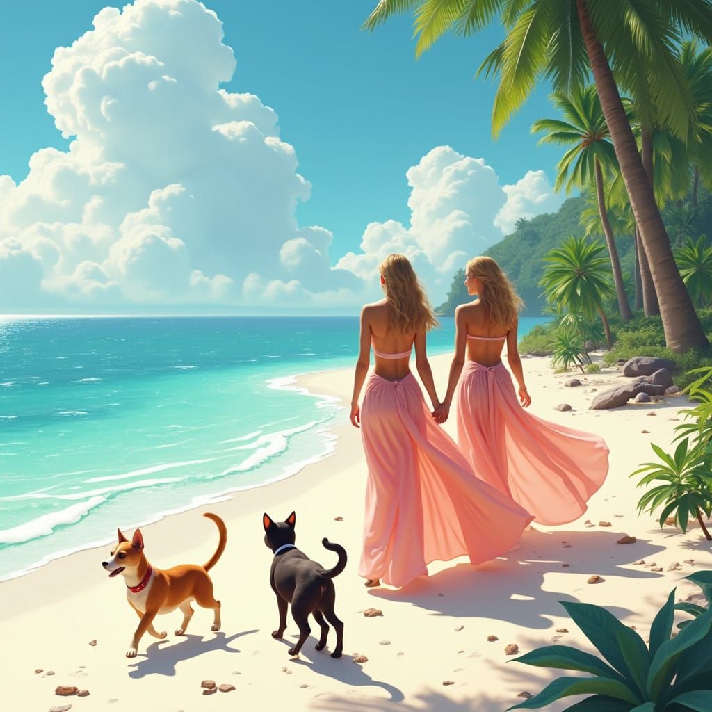 Elegant Women Stroll Along the Beach with Playful Felines an...