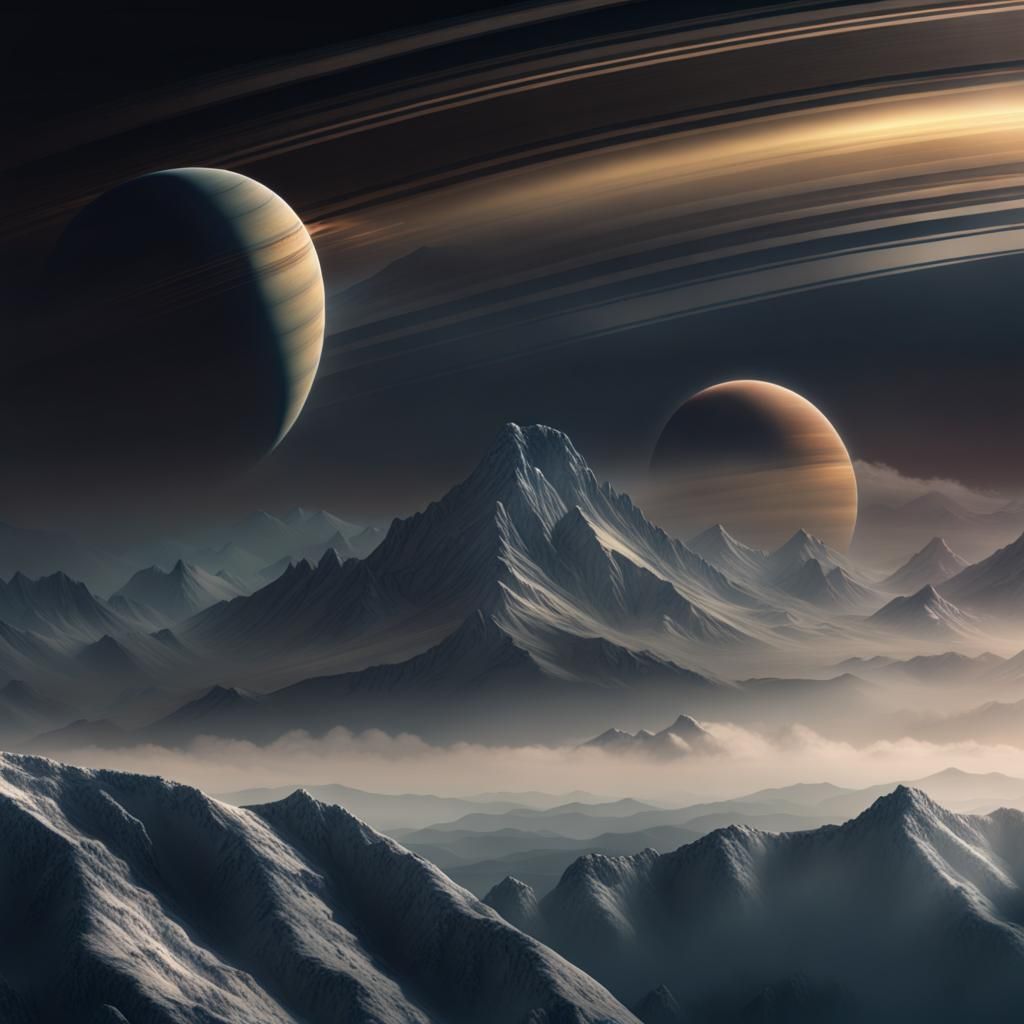 Saturn Rings Above Mountain Landscape: Digital Painting