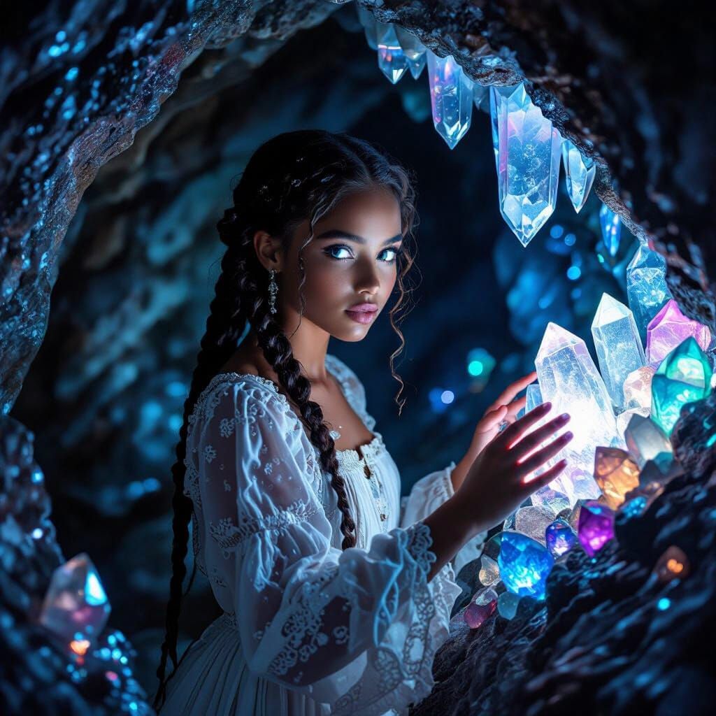 Black Girl in Crystal Cave at Night