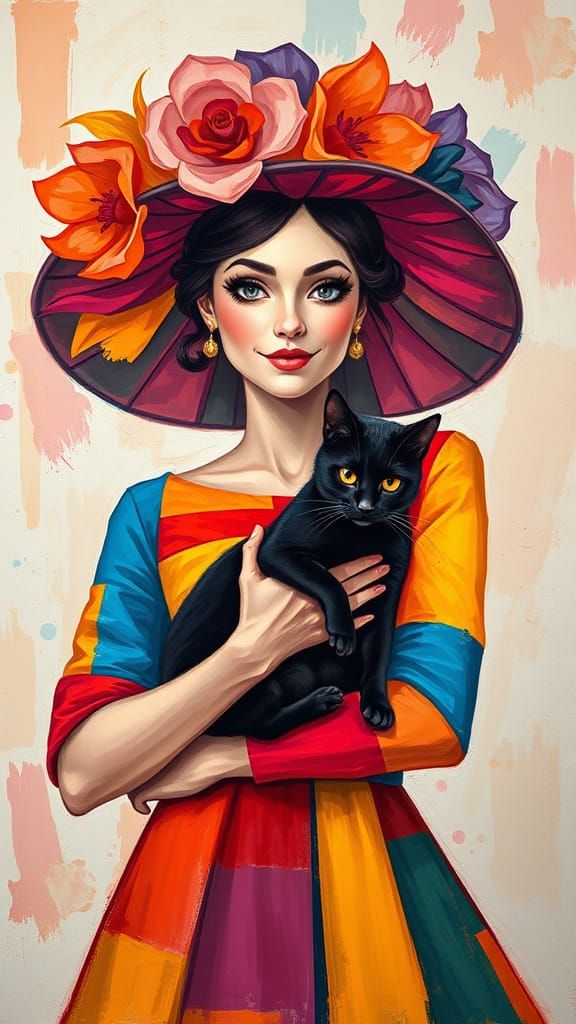 Vibrant Impressionist Portrait of a Woman and Her Black Cat