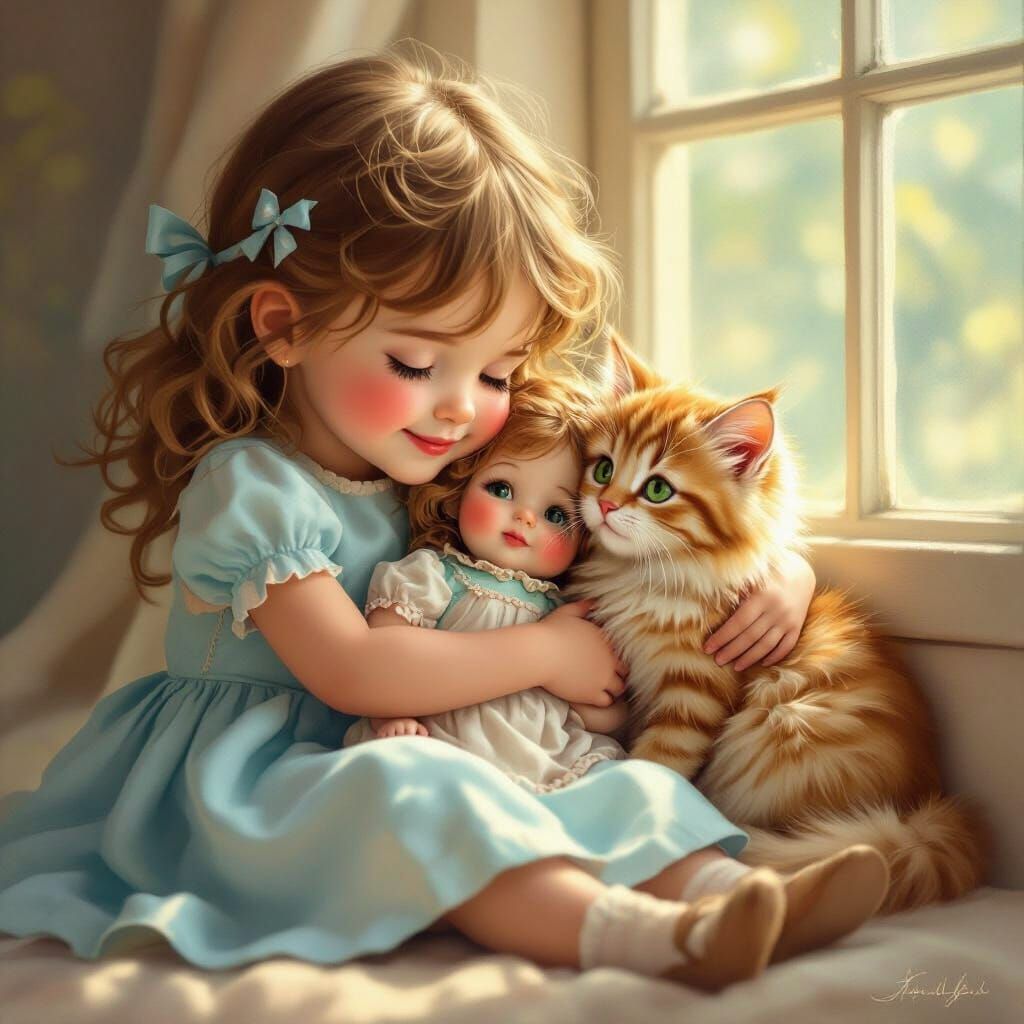 Joyful Girl Hugs Doll With Kitten Watching