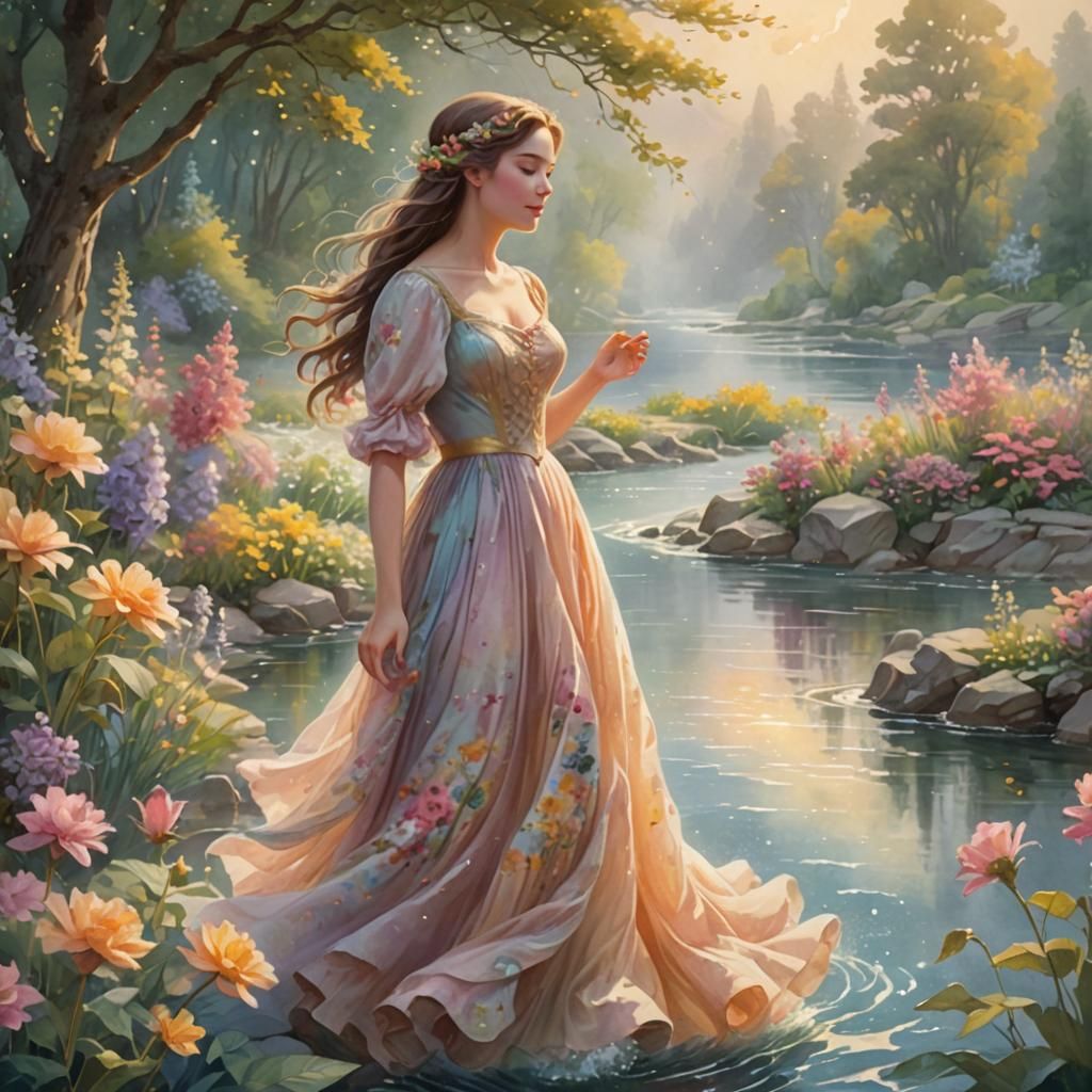 Riverside Song in Ethereal Gouache Fantasy Landscape