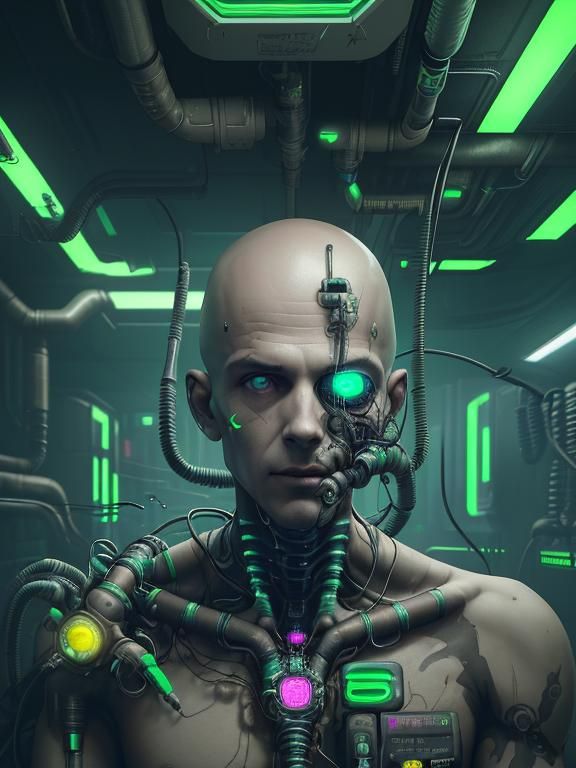 Cyberpunk Man in Life Support with Neon Lights